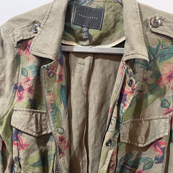 Sanctuary Utility Jacket Floral Front Linen Anorak Olive Green Blend Size XS - Picture 3 of 5